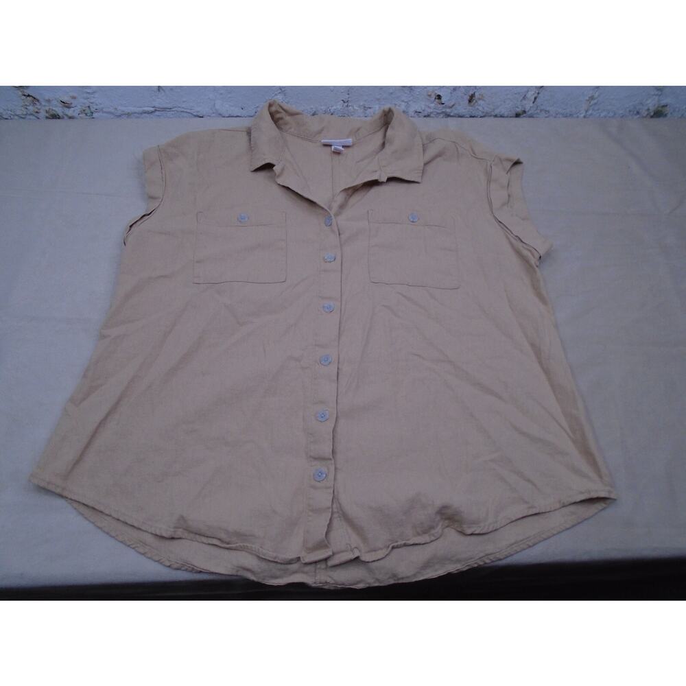 Isabel Maternity Linen Button-Up Sleeveless Blouse Shirt Beige Size XXL